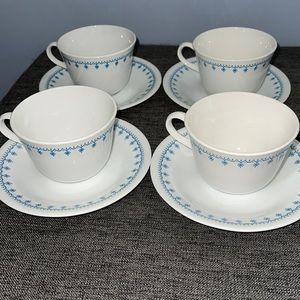 Vintage 1970’s Corelle Snowflake 8 Piece Cup and Saucer Sets - 4 Sets
